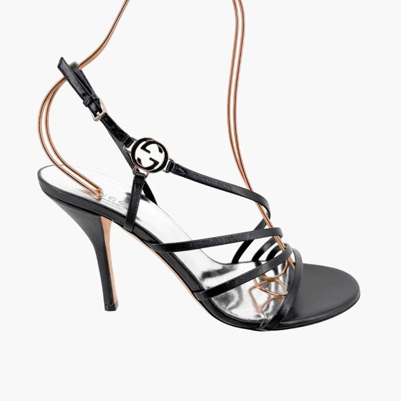 Gucci Strappy Interlocking GG Sandals Size 38.5 US 8.5 Black Leather High Heel - Picture 10 of 15